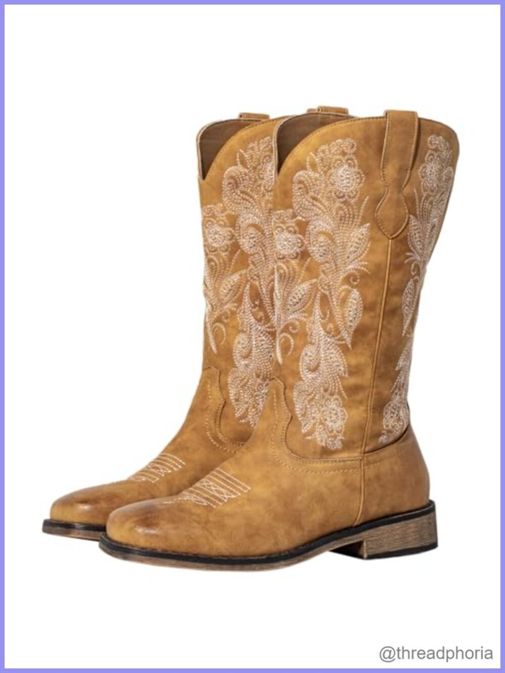 Wide Calf Cowboy Boots Square Toe Faux Leather Pull On Western